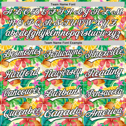 Custom Yellow White-Black 3D Hawaii Tropical Palm Leaves Flower And Fruit Pineapple Authentic Baseball Jersey - Sky-Custom