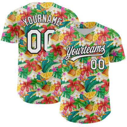 Custom Yellow White-Black 3D Hawaii Tropical Palm Leaves Flower And Fruit Pineapple Authentic Baseball Jersey - Sky-Custom