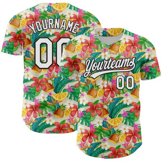Custom Yellow White-Black 3D Hawaii Tropical Palm Leaves Flower And Fruit Pineapple Authentic Baseball Jersey - Sky-Custom