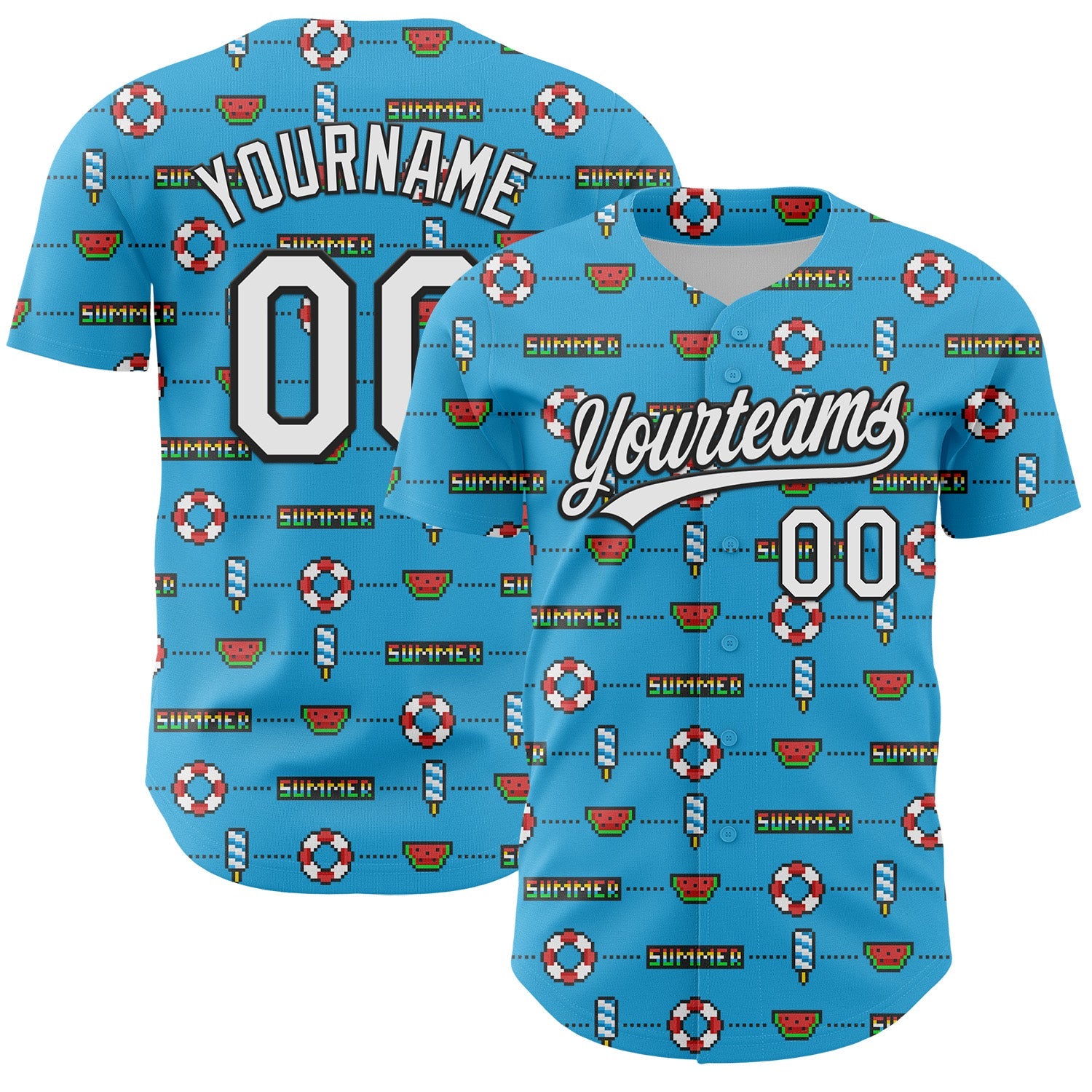 Custom Sky Blue White-Black 3D Hawaii Summer Fruit Watermelon Authentic Baseball Jersey - Sky-Custom