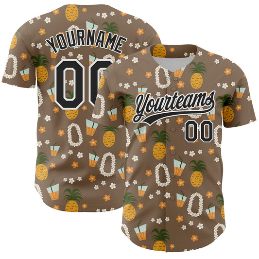 Custom Brown Black-White 3D Hawaii Flower And Fruit Pineapple Authentic Baseball Jersey - Sky-Custom