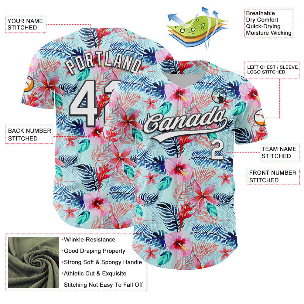 Custom Ice Blue White-Black 3D Hawaii Tropical Palm Leaves And Flower Authentic Baseball Jersey - Sky-Custom