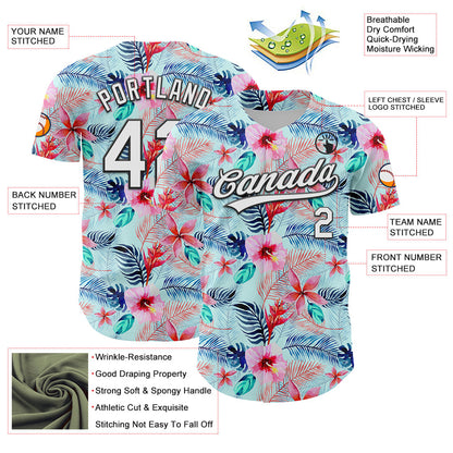 Custom Ice Blue White-Black 3D Hawaii Tropical Palm Leaves And Flower Authentic Baseball Jersey - Sky-Custom