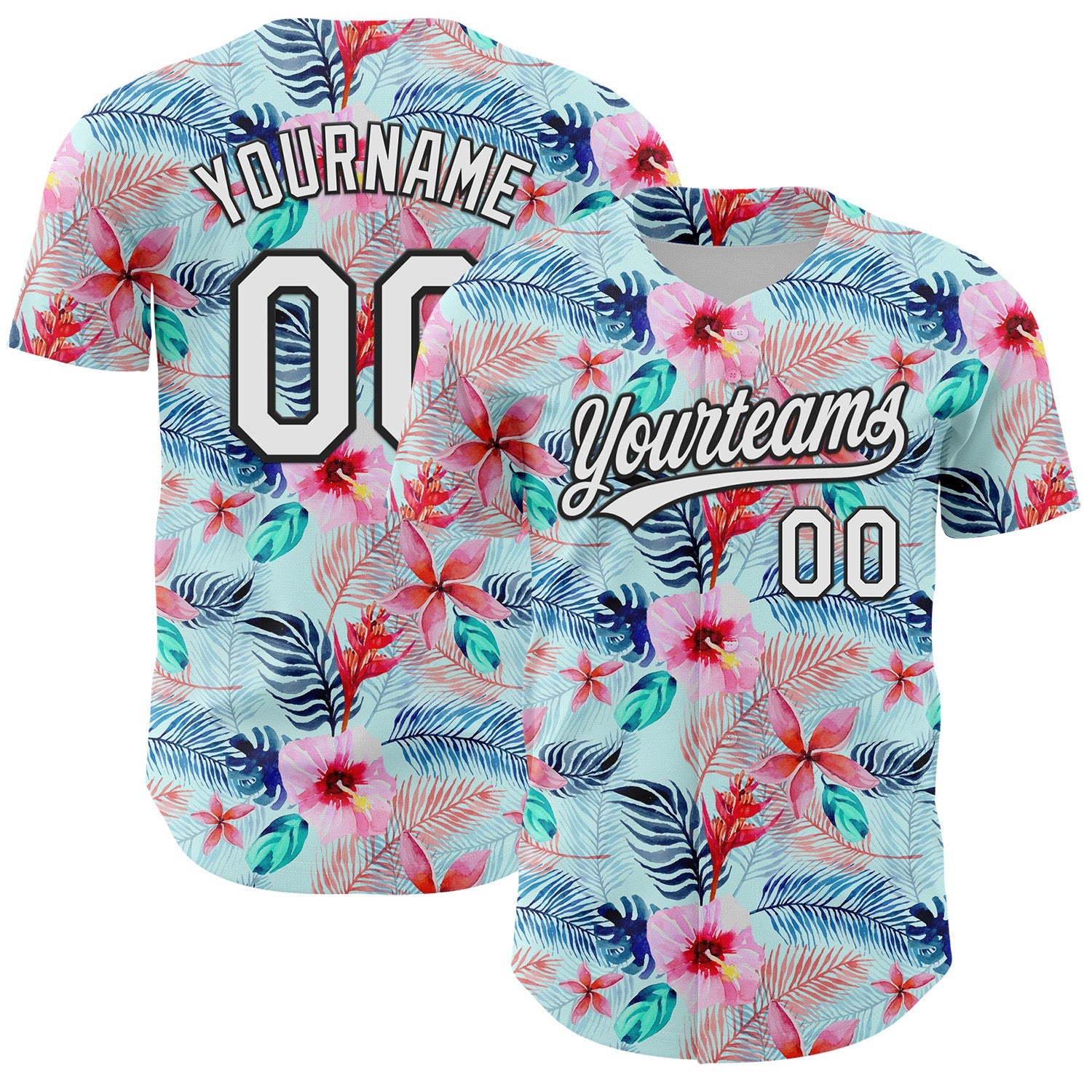 Custom Ice Blue White-Black 3D Hawaii Tropical Palm Leaves And Flower Authentic Baseball Jersey - Sky-Custom