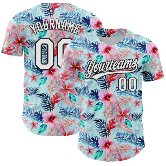 Custom Ice Blue White-Black 3D Hawaii Tropical Palm Leaves And Flower Authentic Baseball Jersey - Sky-Custom