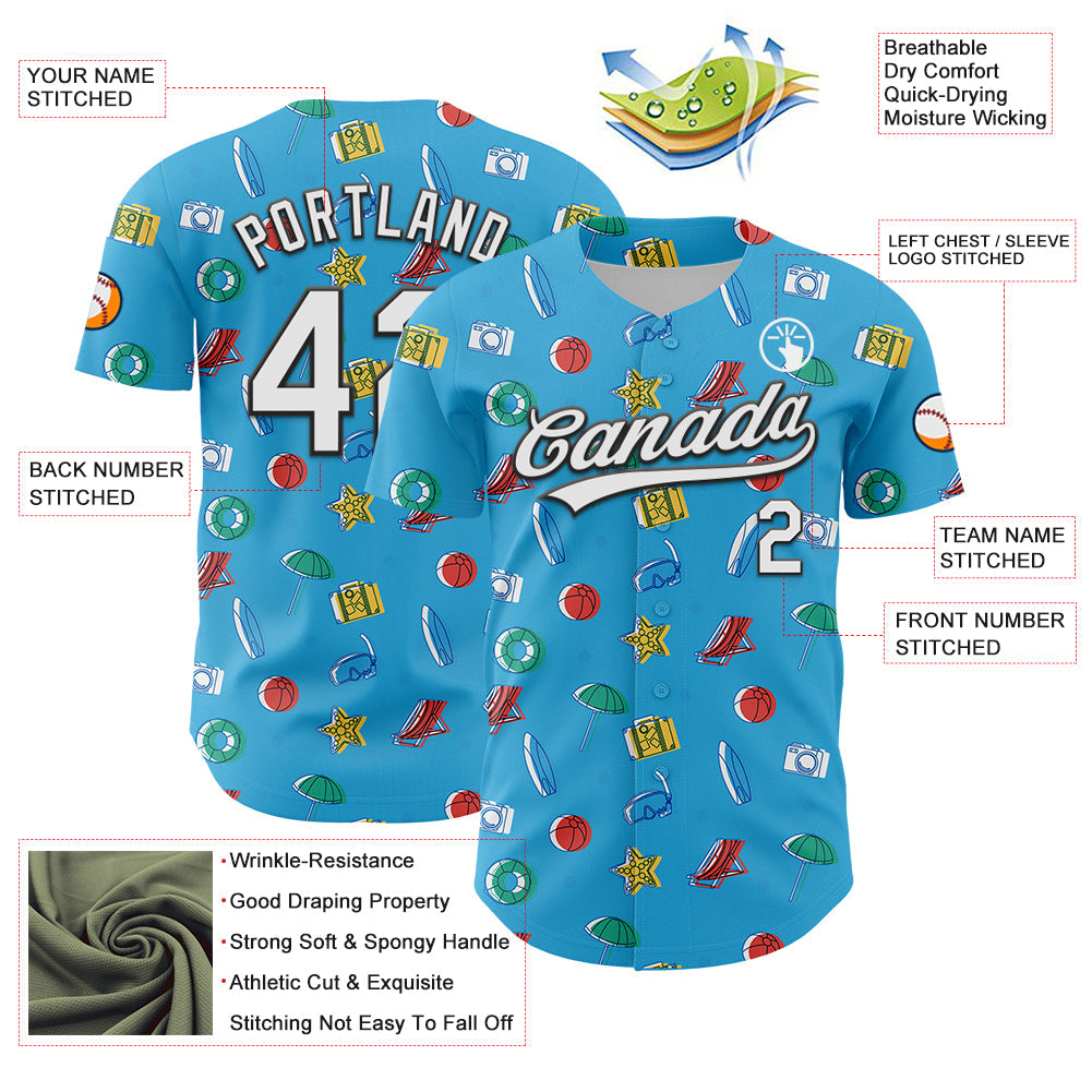 Custom Sky Blue White-Black 3D Hawaii Beach Holiday Authentic Baseball Jersey - Sky-Custom