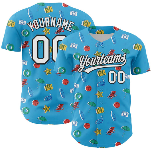 Custom Sky Blue White-Black 3D Hawaii Beach Holiday Authentic Baseball Jersey - Sky-Custom
