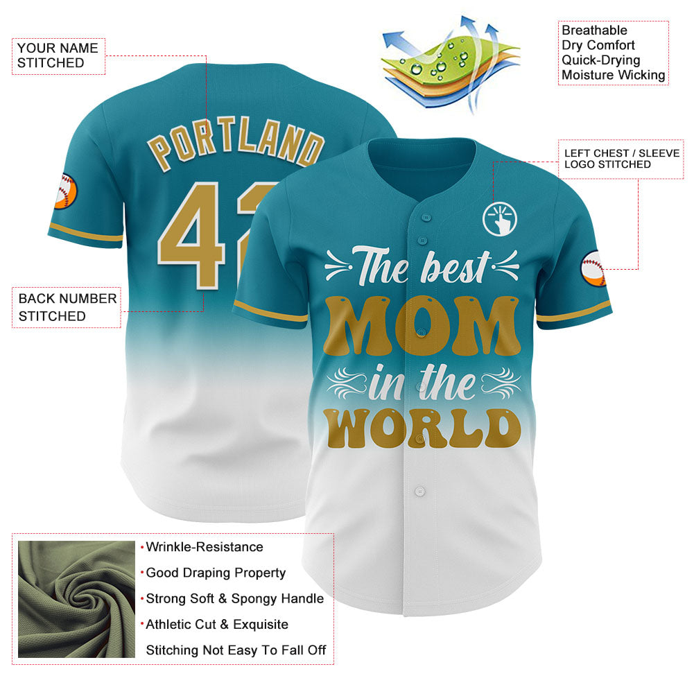 Custom Teal Old Gold-White 3D Pattern Design Gradient Mother's Day Authentic Baseball Jersey - Sky-Custom