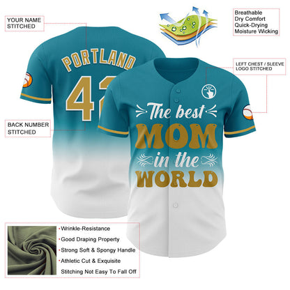 Custom Teal Old Gold-White 3D Pattern Design Gradient Mother's Day Authentic Baseball Jersey - Sky-Custom