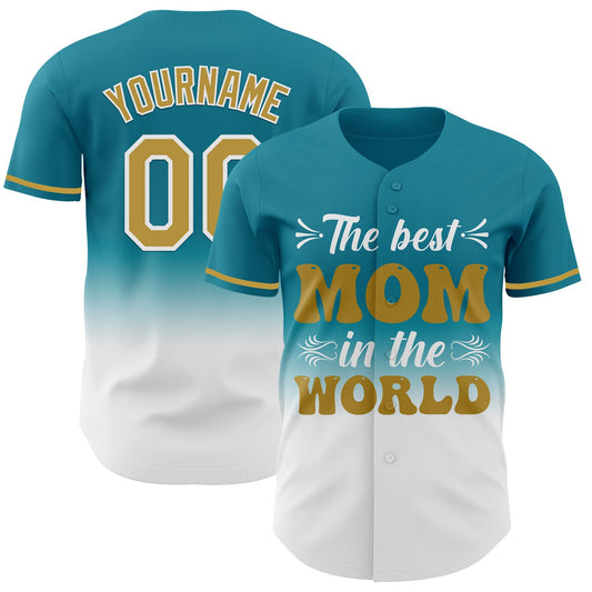 Custom Teal Old Gold-White 3D Pattern Design Gradient Mother's Day Authentic Baseball Jersey - Sky-Custom