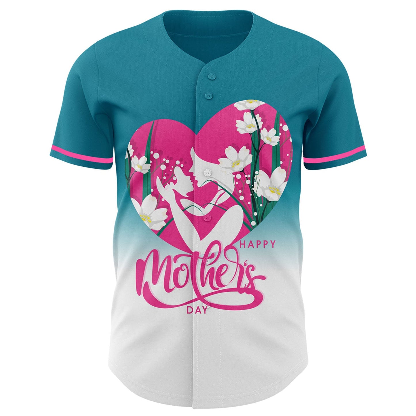 Custom Teal Pink-White 3D Pattern Design Gradient Mother's Day Family Love Authentic Baseball Jersey - Sky-Custom