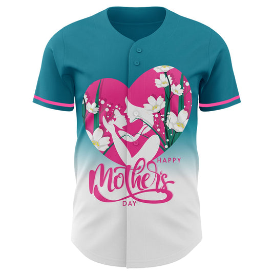 Custom Teal Pink-White 3D Pattern Design Gradient Mother's Day Family Love Authentic Baseball Jersey - Sky-Custom