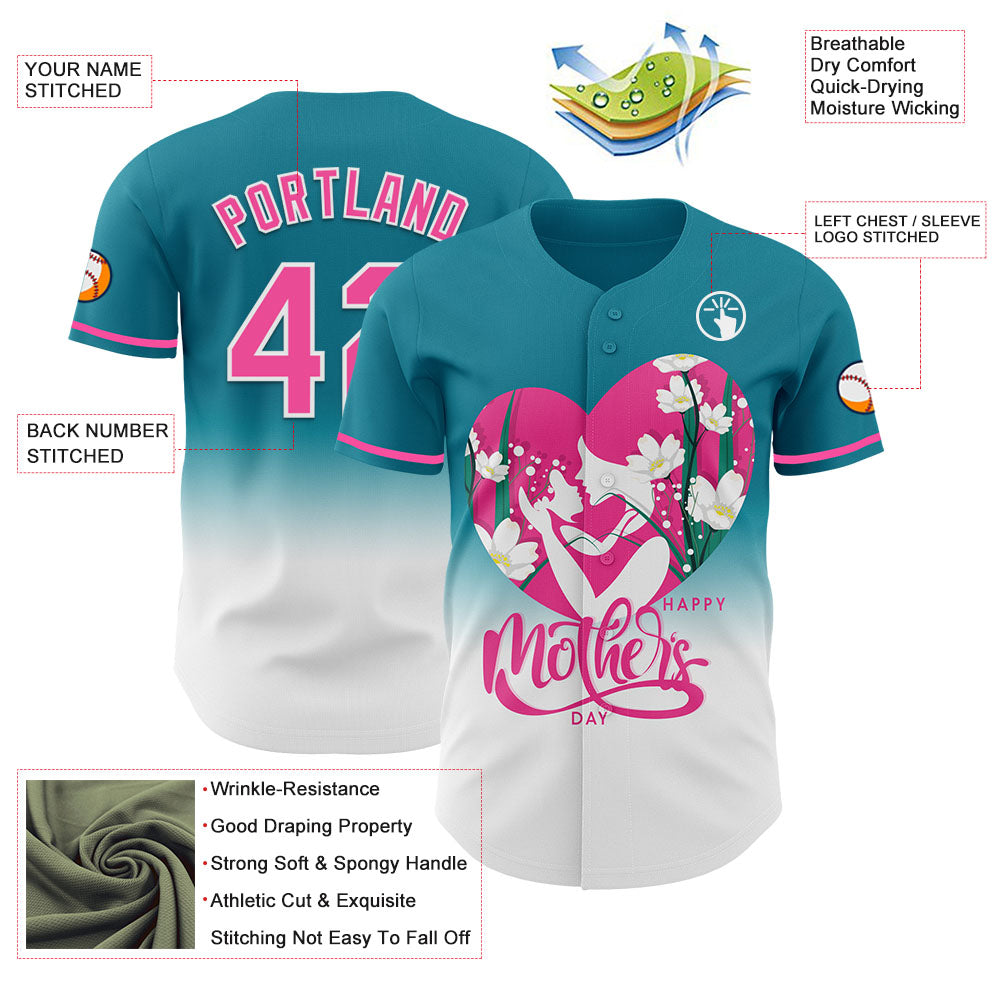 Custom Teal Pink-White 3D Pattern Design Gradient Mother's Day Family Love Authentic Baseball Jersey - Sky-Custom