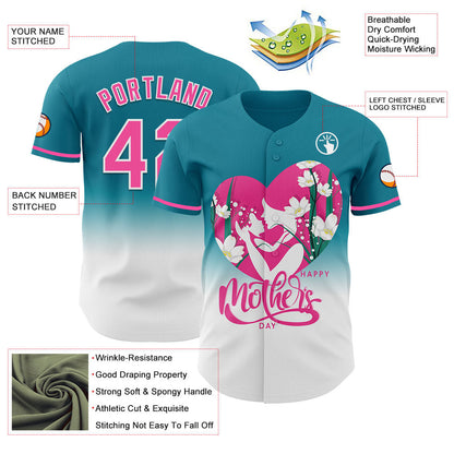 Custom Teal Pink-White 3D Pattern Design Gradient Mother's Day Family Love Authentic Baseball Jersey - Sky-Custom