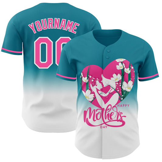 Custom Teal Pink-White 3D Pattern Design Gradient Mother's Day Family Love Authentic Baseball Jersey - Sky-Custom