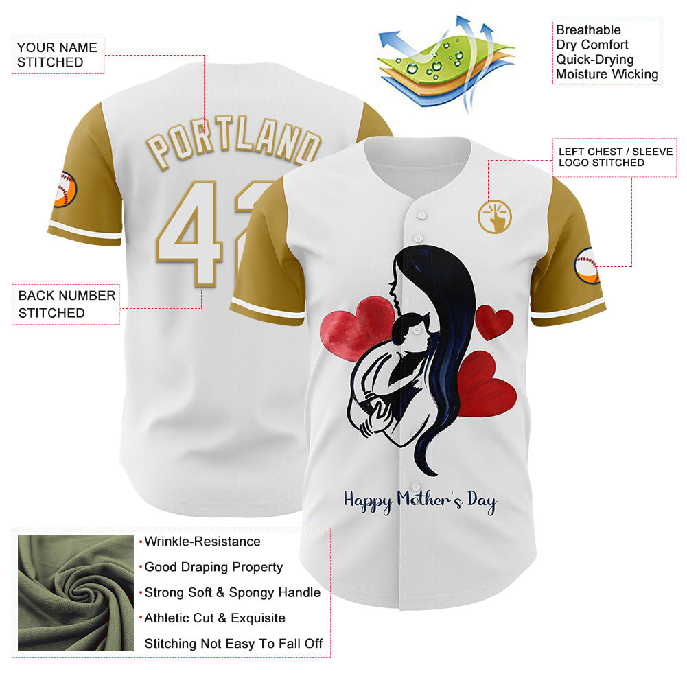 Custom White Old Gold 3D Pattern Design Mother's Day Family Love Authentic Baseball Jersey - Sky-Custom