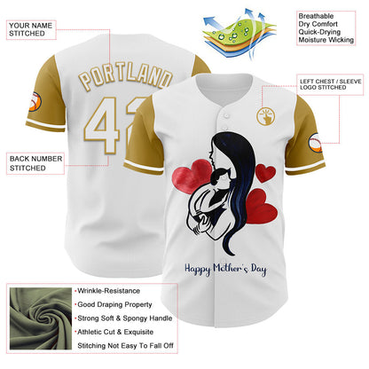 Custom White Old Gold 3D Pattern Design Mother's Day Family Love Authentic Baseball Jersey - Sky-Custom