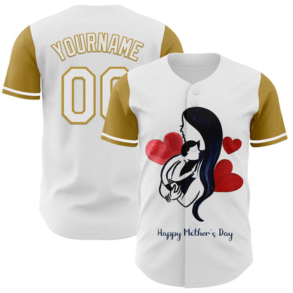 Custom White Old Gold 3D Pattern Design Mother's Day Family Love Authentic Baseball Jersey - Sky-Custom