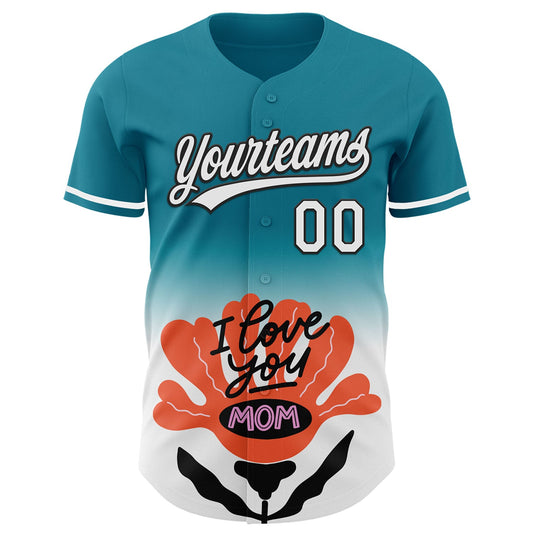 Custom Teal White-Black 3D Pattern Design Gradient Mother's Day Flower Authentic Baseball Jersey - Sky-Custom