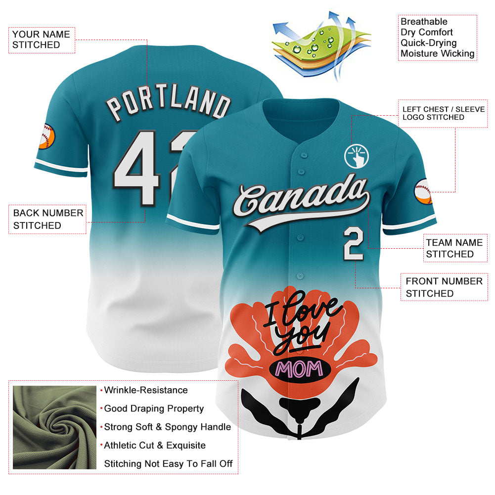 Custom Teal White-Black 3D Pattern Design Gradient Mother's Day Flower Authentic Baseball Jersey - Sky-Custom