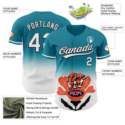 Custom Teal White-Black 3D Pattern Design Gradient Mother's Day Flower Authentic Baseball Jersey - Sky-Custom