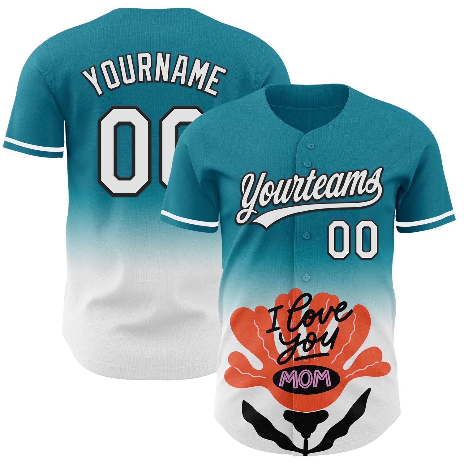 Custom Teal White-Black 3D Pattern Design Gradient Mother's Day Flower Authentic Baseball Jersey - Sky-Custom