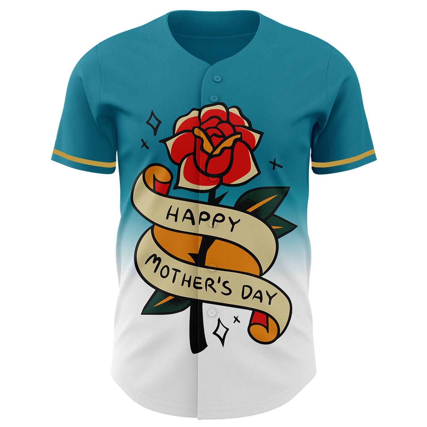 Custom Teal Old Gold-Black 3D Pattern Design Gradient Mother's Day Flower Authentic Baseball Jersey - Sky-Custom