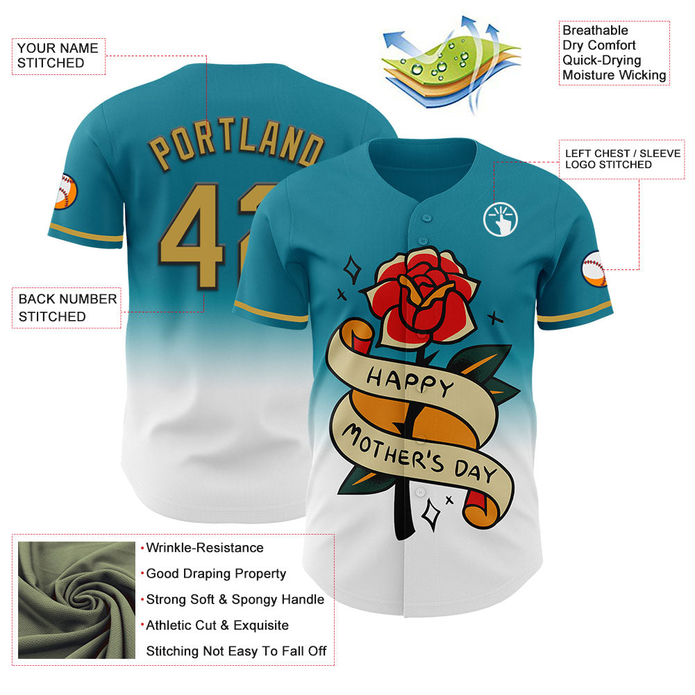 Custom Teal Old Gold-Black 3D Pattern Design Gradient Mother's Day Flower Authentic Baseball Jersey - Sky-Custom