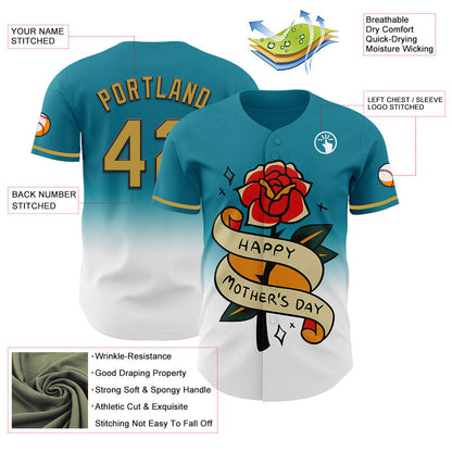 Custom Teal Old Gold-Black 3D Pattern Design Gradient Mother's Day Flower Authentic Baseball Jersey - Sky-Custom