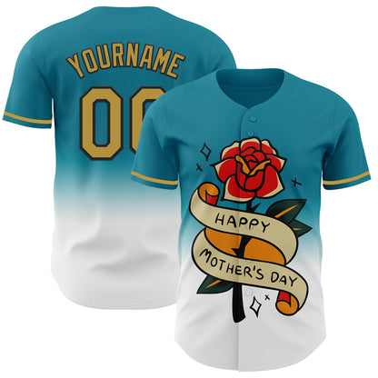 Custom Teal Old Gold-Black 3D Pattern Design Gradient Mother's Day Flower Authentic Baseball Jersey - Sky-Custom