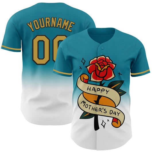 Custom Teal Old Gold-Black 3D Pattern Design Gradient Mother's Day Flower Authentic Baseball Jersey - Sky-Custom