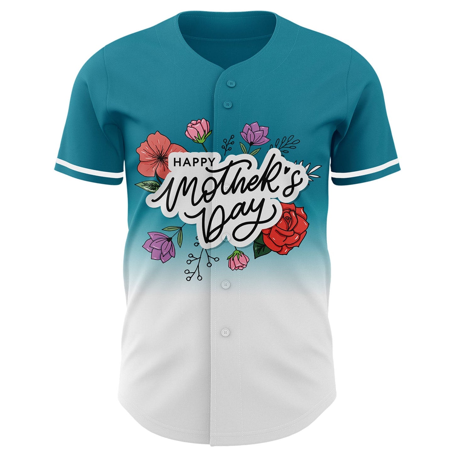 Custom Teal White-Black 3D Pattern Design Gradient Mother's Day Flower Authentic Baseball Jersey - Sky-Custom