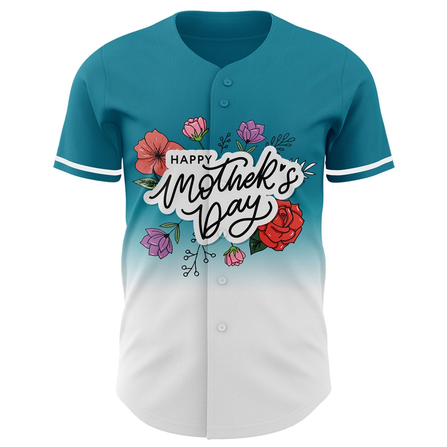 Custom Teal White-Black 3D Pattern Design Gradient Mother's Day Flower Authentic Baseball Jersey - Sky-Custom
