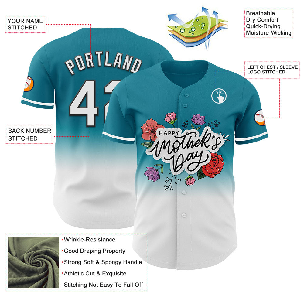 Custom Teal White-Black 3D Pattern Design Gradient Mother's Day Flower Authentic Baseball Jersey - Sky-Custom