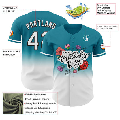 Custom Teal White-Black 3D Pattern Design Gradient Mother's Day Flower Authentic Baseball Jersey - Sky-Custom