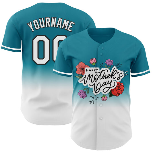 Custom Teal White-Black 3D Pattern Design Gradient Mother's Day Flower Authentic Baseball Jersey - Sky-Custom