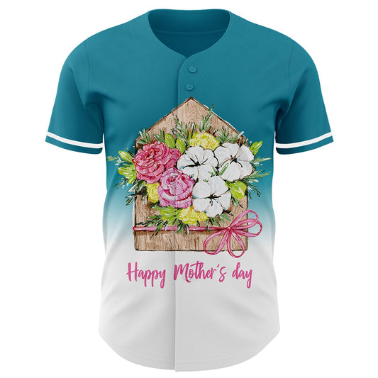 Custom Teal White-Black 3D Pattern Design Gradient Mother's Day Flower Authentic Baseball Jersey - Sky-Custom