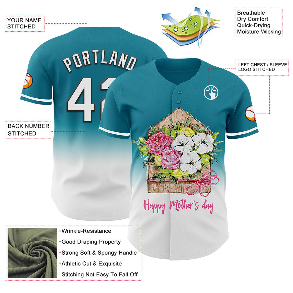 Custom Teal White-Black 3D Pattern Design Gradient Mother's Day Flower Authentic Baseball Jersey - Sky-Custom