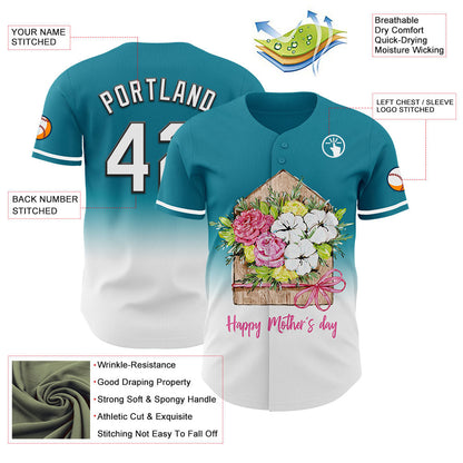 Custom Teal White-Black 3D Pattern Design Gradient Mother's Day Flower Authentic Baseball Jersey - Sky-Custom