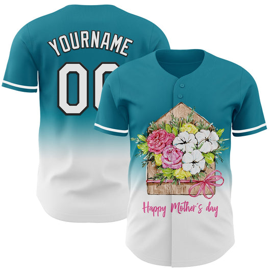 Custom Teal White-Black 3D Pattern Design Gradient Mother's Day Flower Authentic Baseball Jersey - Sky-Custom