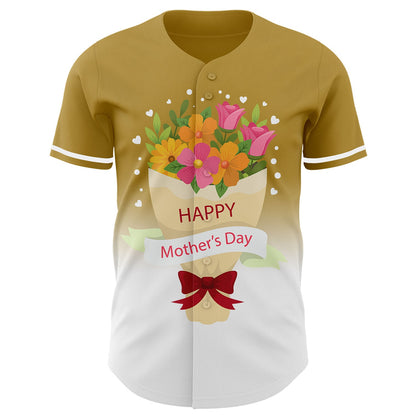 Custom Old Gold White-Black 3D Pattern Design Gradient Mother's Day Flower Authentic Baseball Jersey - Sky-Custom