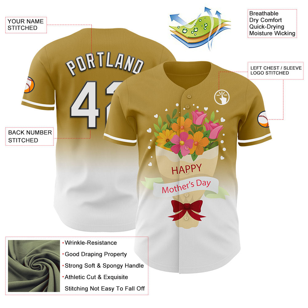 Custom Old Gold White-Black 3D Pattern Design Gradient Mother's Day Flower Authentic Baseball Jersey - Sky-Custom