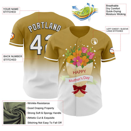 Custom Old Gold White-Black 3D Pattern Design Gradient Mother's Day Flower Authentic Baseball Jersey - Sky-Custom
