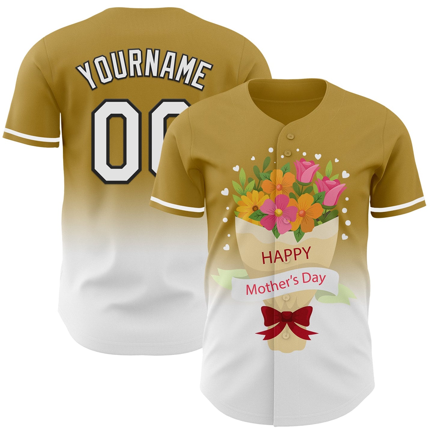 Custom Old Gold White-Black 3D Pattern Design Gradient Mother's Day Flower Authentic Baseball Jersey - Sky-Custom