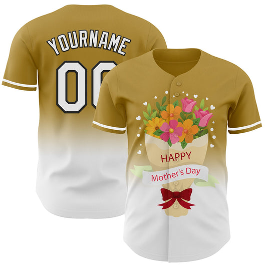 Custom Old Gold White-Black 3D Pattern Design Gradient Mother's Day Flower Authentic Baseball Jersey - Sky-Custom