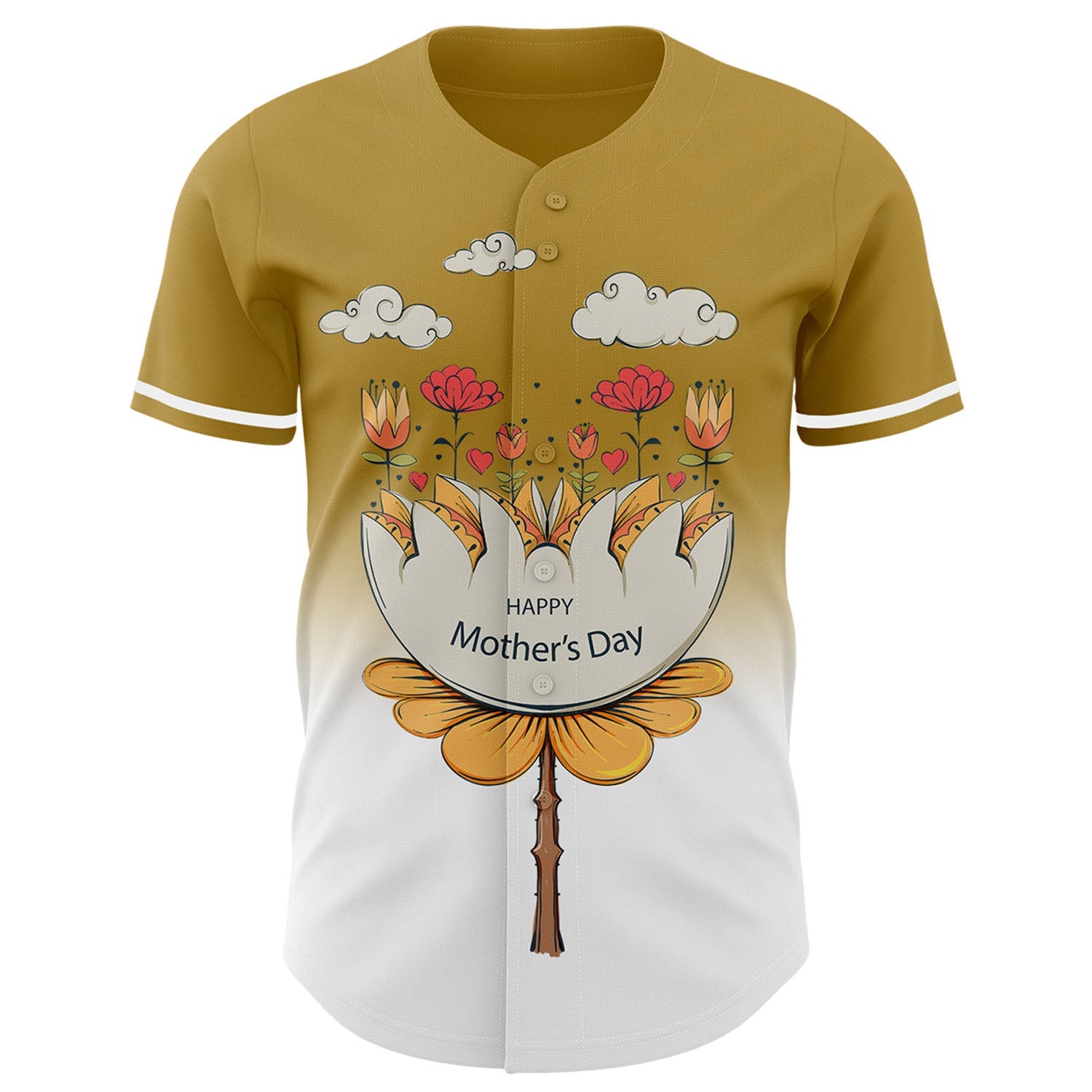 Custom Old Gold White-Black 3D Pattern Design Gradient Mother's Day Flower Authentic Baseball Jersey - Sky-Custom