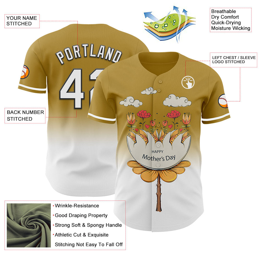 Custom Old Gold White-Black 3D Pattern Design Gradient Mother's Day Flower Authentic Baseball Jersey - Sky-Custom