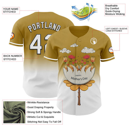 Custom Old Gold White-Black 3D Pattern Design Gradient Mother's Day Flower Authentic Baseball Jersey - Sky-Custom