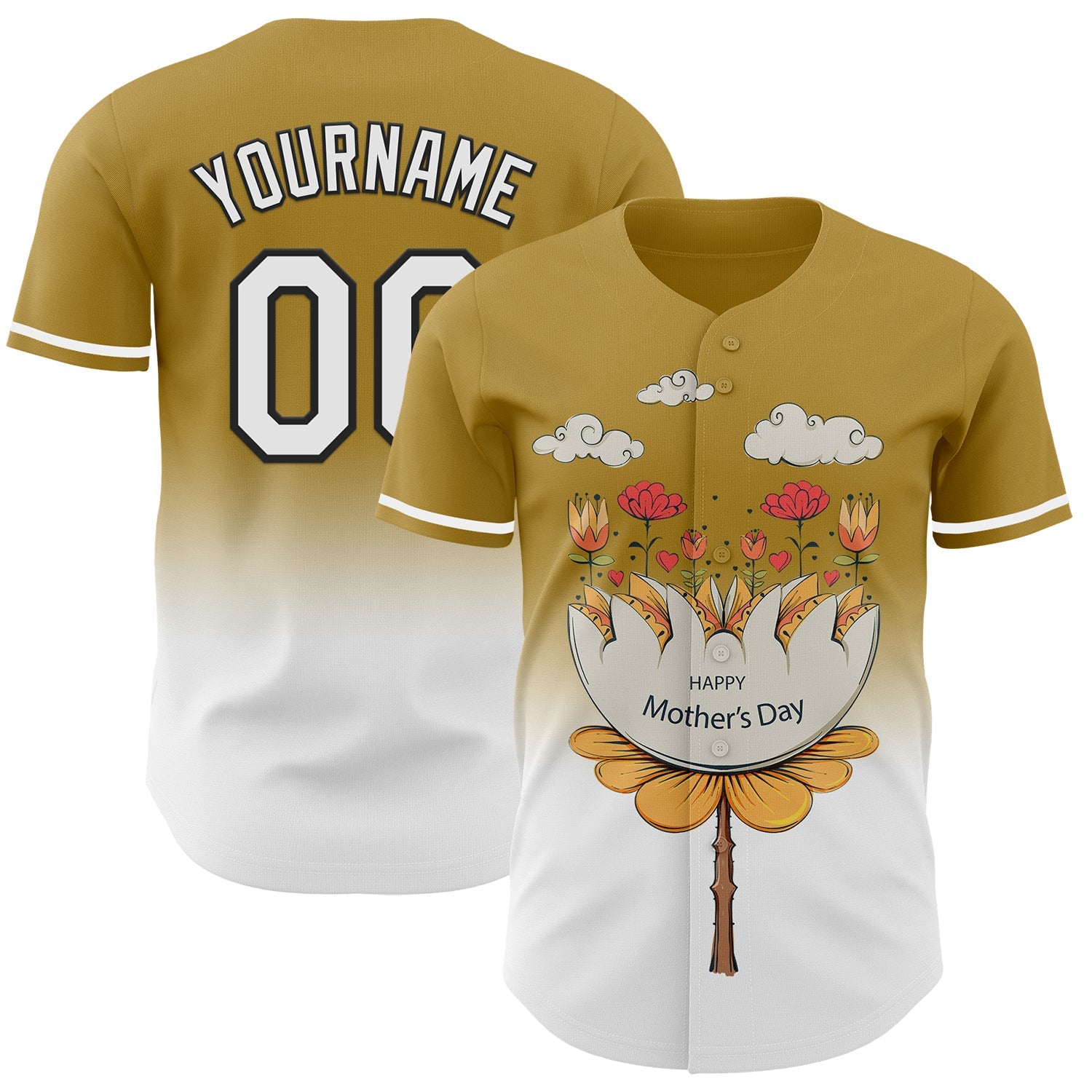 Custom Old Gold White-Black 3D Pattern Design Gradient Mother's Day Flower Authentic Baseball Jersey - Sky-Custom