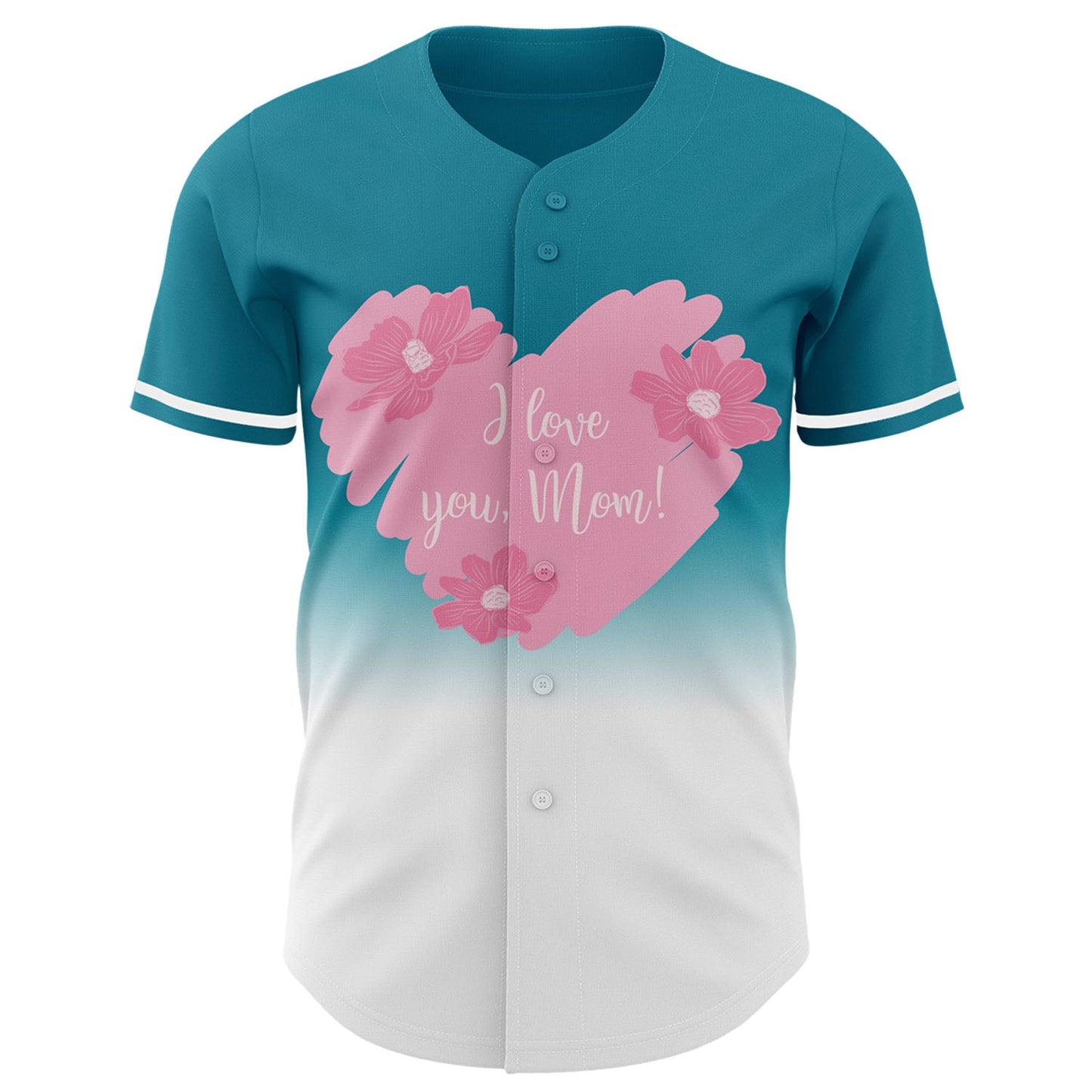 Custom Teal White-Light Pink 3D Pattern Design Gradient Mother's Day Love And Flower Authentic Baseball Jersey - Sky-Custom